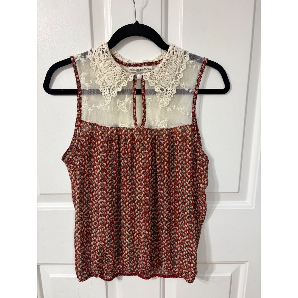 Excuse Me Miss | Lace Collar Floral Sleeveless Blouse | XL || Burgundy|